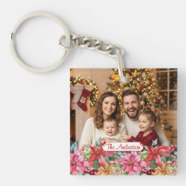 Elegant Poinsettia Floral Border Custom Photo Sleutelhanger