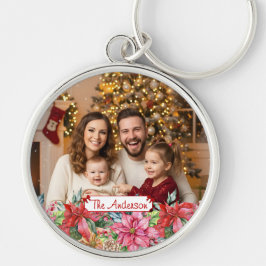 Elegant Poinsettia Floral Border Custom Photo Sleutelhanger