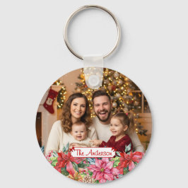 Elegant Poinsettia Floral Border Custom Photo Sleutelhanger