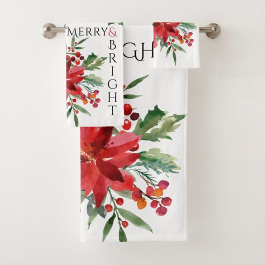 Elegant Poinsettia Floral Merry & Bright Kerstmis Bad Handdoek (Insitu)
