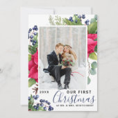 Elegant Poinsettia Foto onze eerste kerstblauw Feestdagenkaart (Voorkant)