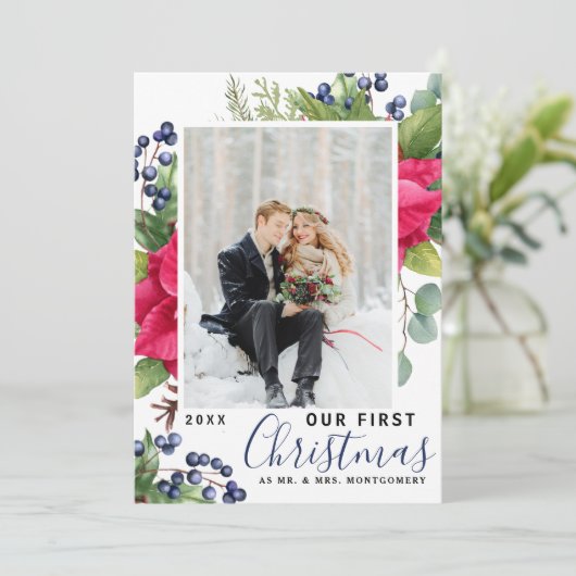 Elegant Poinsettia Foto onze eerste kerstblauw Feestdagenkaart (Staand voorkant)