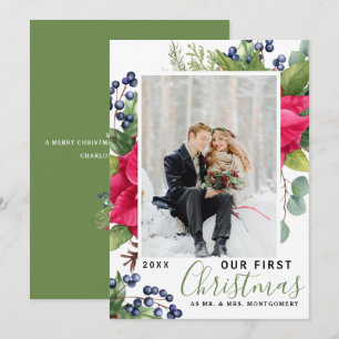 Elegant Poinsettia Foto onze eerste kerstgroene Feestdagenkaart