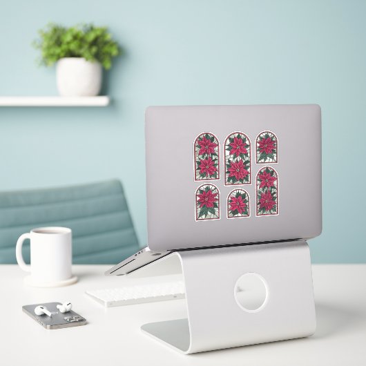 Elegant Poinsettia Glas in lood Sticker Blad (Laptop op bureau)