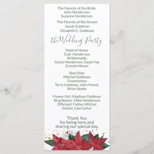 Elegant Poinsettia Green Kerstbruilding Programme Programmakaart (Achterkant)