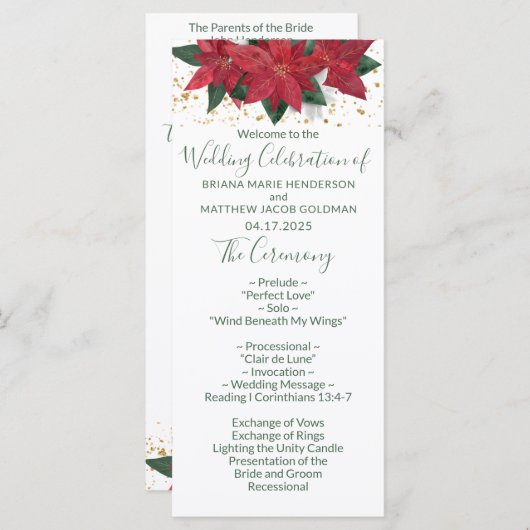 Elegant Poinsettia Green Kerstbruilding Programme Programmakaart (Voorkant / Achterkant)