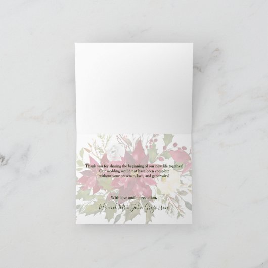 Elegant Poinsettia Greenery kerstbruiloft Bedankkaart (Binnen)