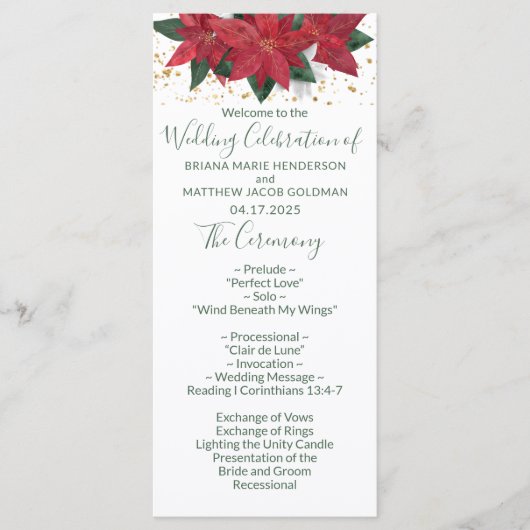 Elegant Poinsettia Groen Kerst Huwelijksprogramma Programmakaart (Voorkant)