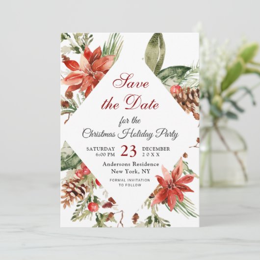 Elegant Poinsettia Holiday Kerstfeest Save The Date (Staand voorkant)