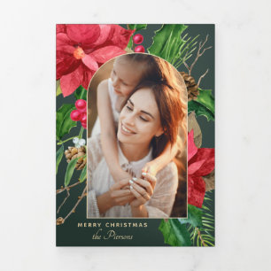 Elegant Poinsettia & Holly Arched Photo Green BG Drieluik Kaart