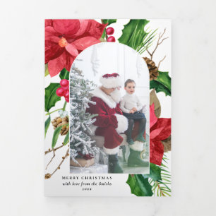 Elegant Poinsettia & Holly Arched Photo-White BG Drieluik Kaart