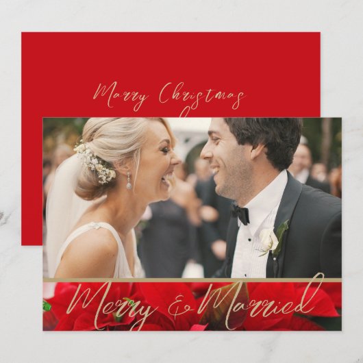 Elegant Poinsettia Merry & Married Photo Wedding Bedankkaart (Voorkant / Achterkant)