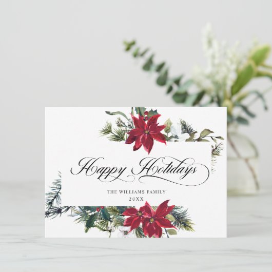 Elegant Poinsettia Mistletoe kerstgroet Feestdagenkaart (Staand voorkant)
