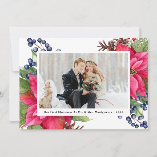 Elegant Poinsettia Ons eerste kerstblauwe foto Feestdagenkaart (Voorkant)