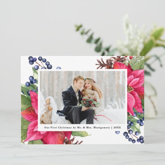 Elegant Poinsettia Ons eerste kerstblauwe foto Feestdagenkaart (Staand voorkant)