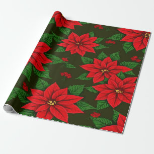 Elegant Poinsettia-patroon op donkergroen – Klassi Cadeaupapier