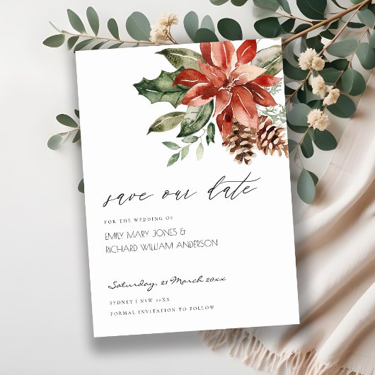 Elegant Poinsettia Pine Cone Save the Date Kaart