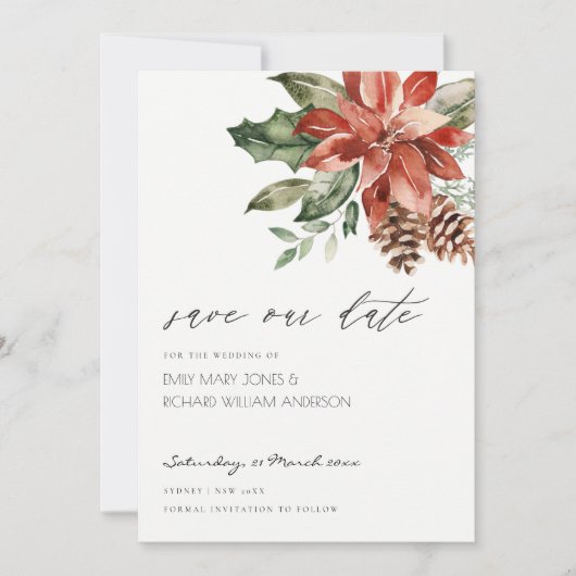 Elegant Poinsettia Pine Cone Save the Date Kaart (Voorkant)