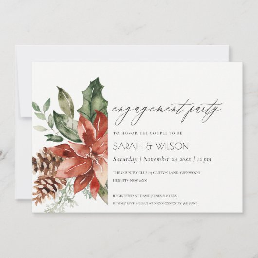 Elegant Poinsettia Pine Cone Verloving Invite Bedankkaart (Voorkant)
