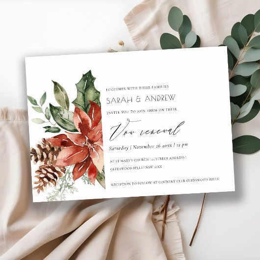 Elegant Poinsettia Pine Cone Vow Renewal Invite Bedankkaart