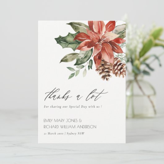 Elegant Poinsettia Pine Cone Waterverf Wedding Bedankkaart (Staand voorkant)