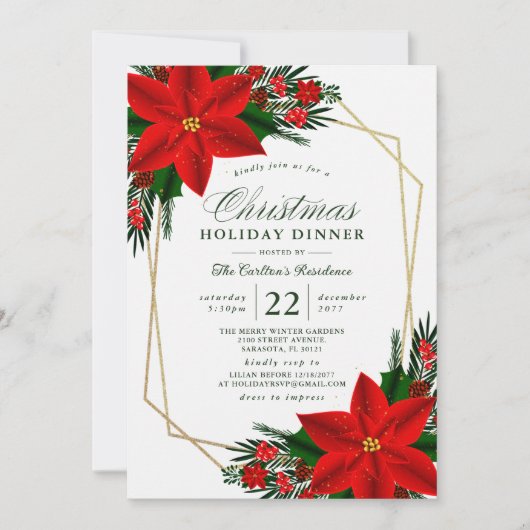 Elegant Poinsettia Pine Greenery kerstdiner Kaart (Voorkant)