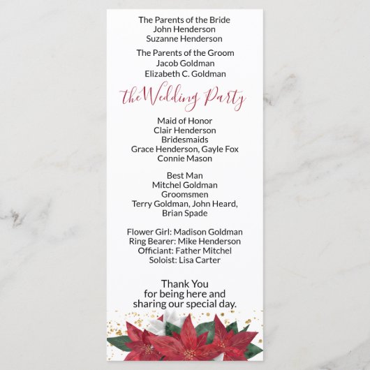 Elegant Poinsettia Red Kerstbruilding Programme Programmakaart (Achterkant)