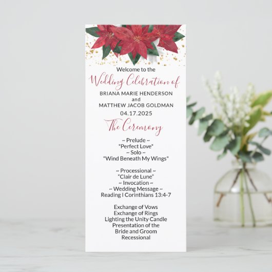 Elegant Poinsettia Red Kerstbruilding Programme Programmakaart (Staand voorkant)