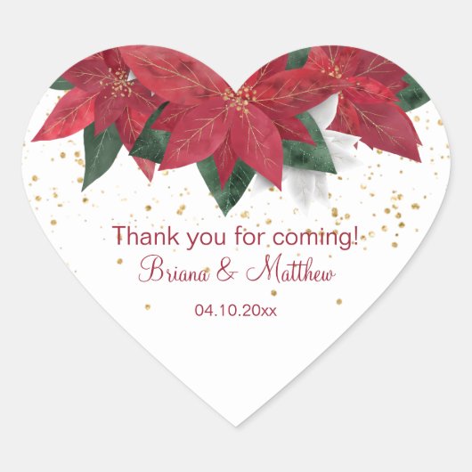 Elegant Poinsettia Red Kerstbruiloft Favors Hart Sticker (Voorkant)