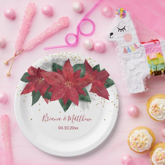 Elegant Poinsettia Red Kerstbruiloft Papieren Bordje (Feest)