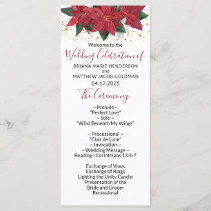 Elegant Poinsettia Rode Kerst Huwelijksprogramma Programmakaart