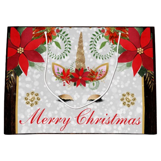 Elegant Poinsettia Unicorn Kerstmis Groot Cadeauzakje (Voorkant)