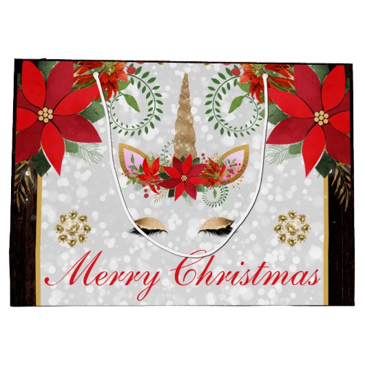 Elegant Poinsettia Unicorn Kerstmis Groot Cadeauzakje (Achterkant)