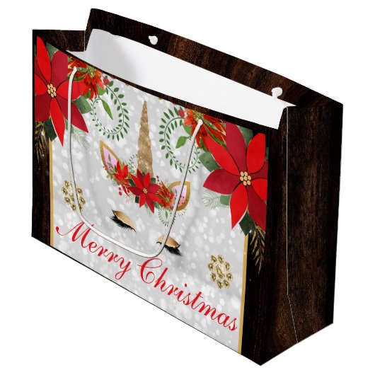 Elegant Poinsettia Unicorn Kerstmis Groot Cadeauzakje (Voorkant Gekanteld)