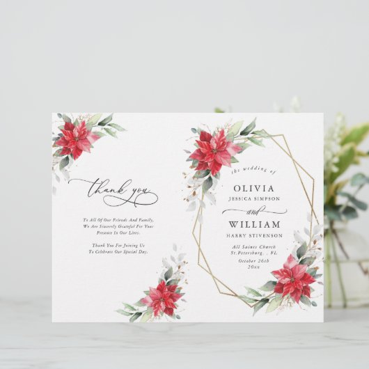 Elegant Poinsettia Waterverf Trouwprogramma (Staand voorkant)