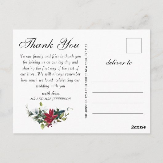 Elegant Poinsettia Wedding Waterverf Dank je wel Briefkaart (Achterkant)