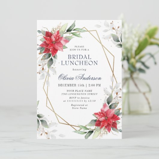 Elegant Poinsettia Winter Greenery BRIDAL LUNCHEON Kaart (Staand voorkant)