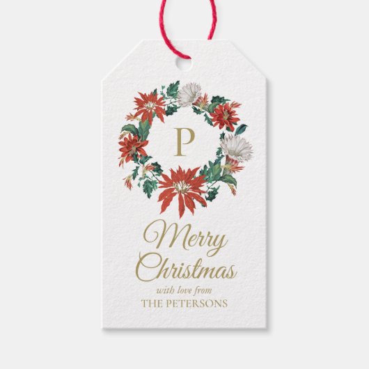 Elegant  Poinsettia WreatGold Name Cadeaulabel (Voorkant)