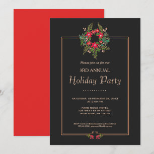 Elegant Poinsettia Wreath Black Holiday Party Kaart