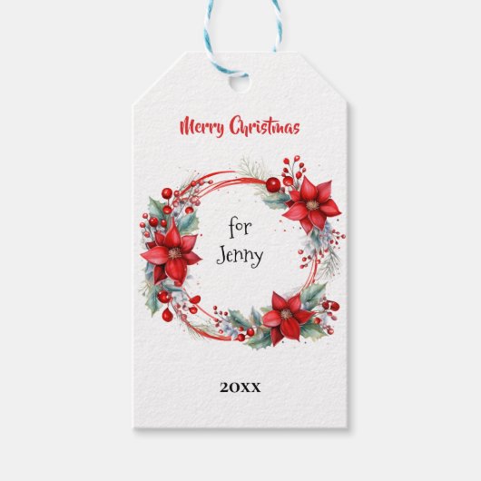 Elegant Poinsettia Wreath Personalized Cadeaulabel (Voorkant)