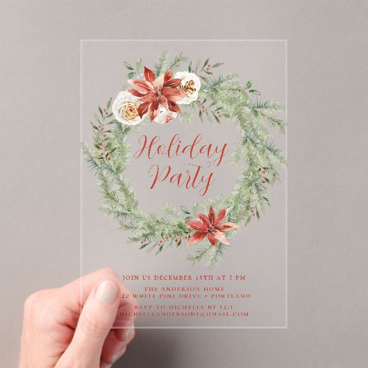 Elegant Poinsettias en Greenery Holiday Party Acryl Uitnodigingen (Insitu (Draagbaar))