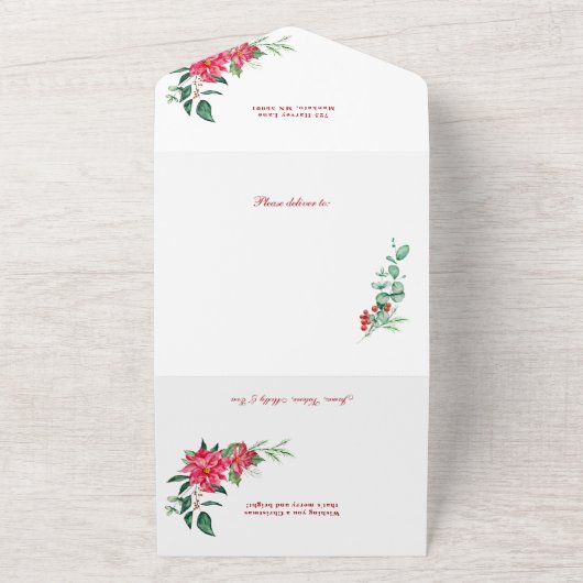 Elegant Poinsettias & Gold Scroll 2-foto All In One Uitnodiging (Buitenkant)