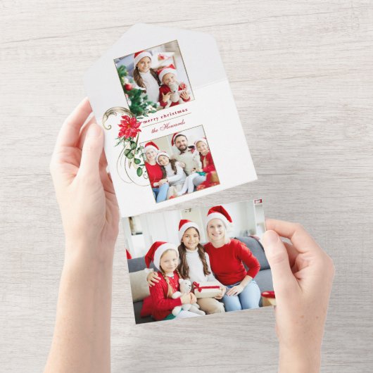 Elegant Poinsettias & Gold Scroll 2-foto All In One Uitnodiging (Afscheurbaar)