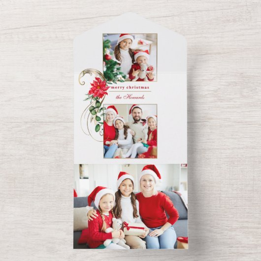 Elegant Poinsettias & Gold Scroll 2-foto All In One Uitnodiging (Binnen)
