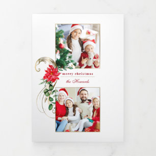 Elegant Poinsettias & Gold Scroll 2-foto Drieluik Kaart