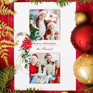 Elegant Poinsettias & Gold Scroll 2-foto Feestdagenkaart
