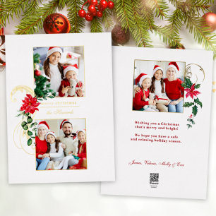Elegant Poinsettias & Gold Scroll 2-foto Folie Feestdagenkaart