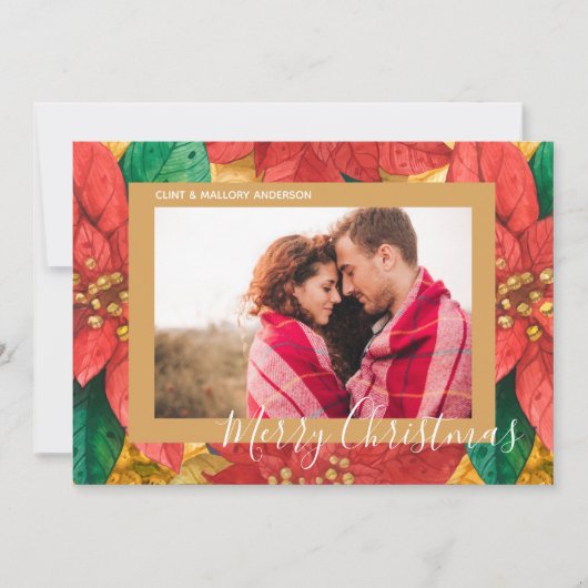 Elegant Poinsettias kerstfoto Feestdagenkaart (Voorkant)