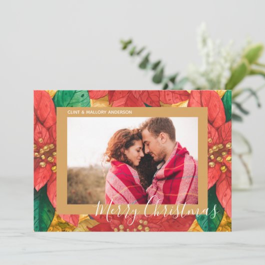 Elegant Poinsettias kerstfoto Feestdagenkaart (Staand voorkant)