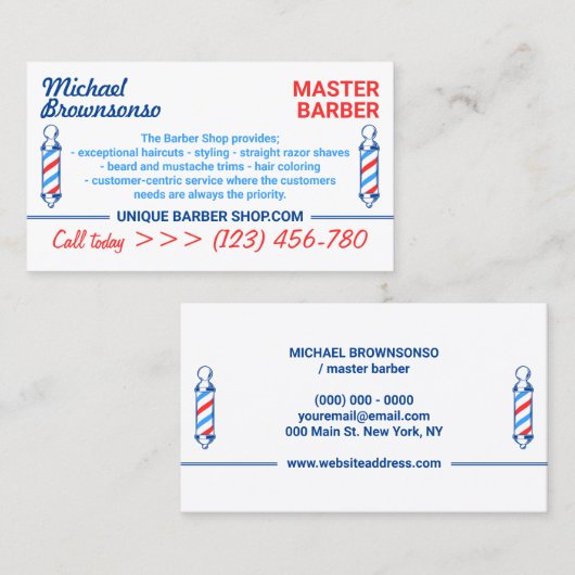 Elegant Pole Logo voor Barber Shop Visitekaartje (Voorkant / Achterkant)